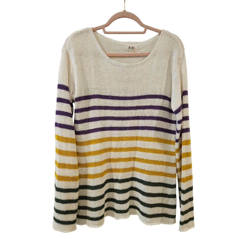 BiBi Womens Mardi Gras Striped Knit Sweater Purple Gold Green Lightweight Size L